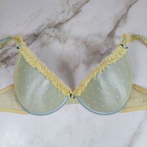 Delicates Blue Yellow Lace Overlay Ruffle Padded Push Up Bra, Sz 38C